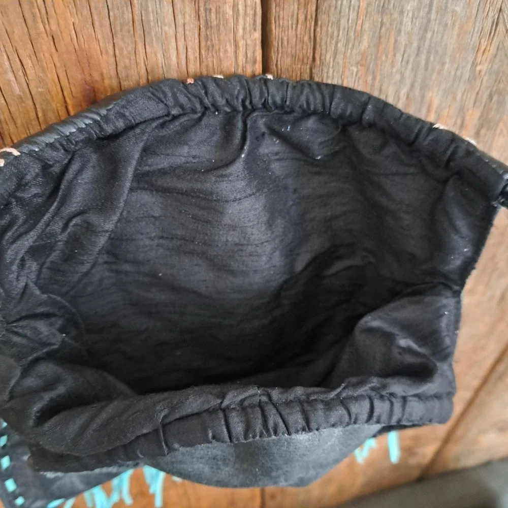 Whimsigoth Cottage Folk Art Embroidered Circle Handle Leather Fringe Bag S Leal